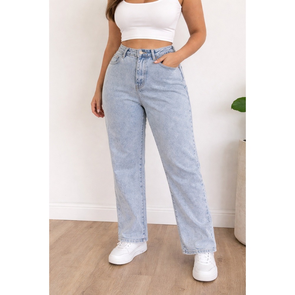 1XL Acid Wash‎ Mom Jeans Lt Blue women's High Rise Straight Leg Softgirl Stretch